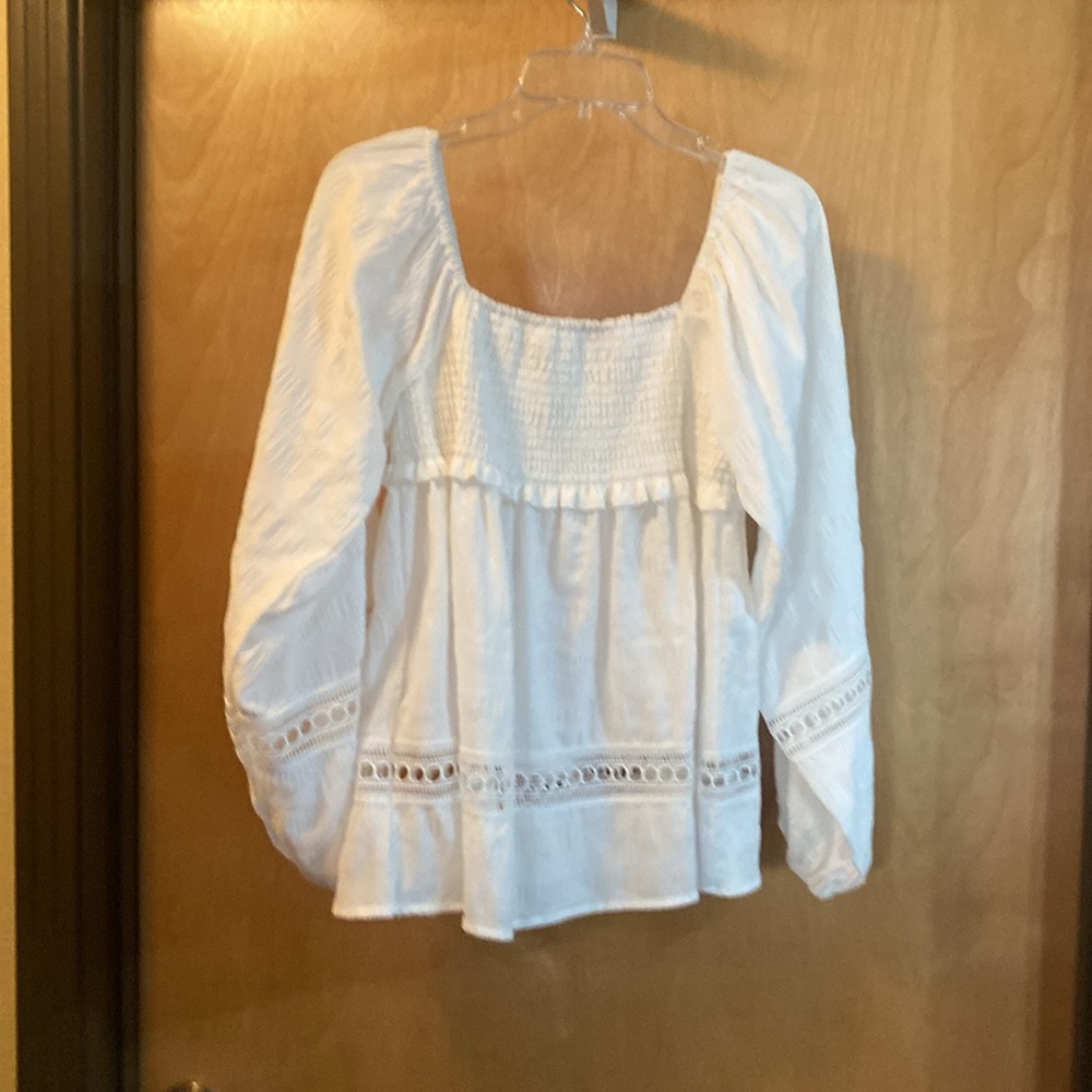 White Peasant Smocked Babydoll Blouse - Women - Picture 4 of 8
